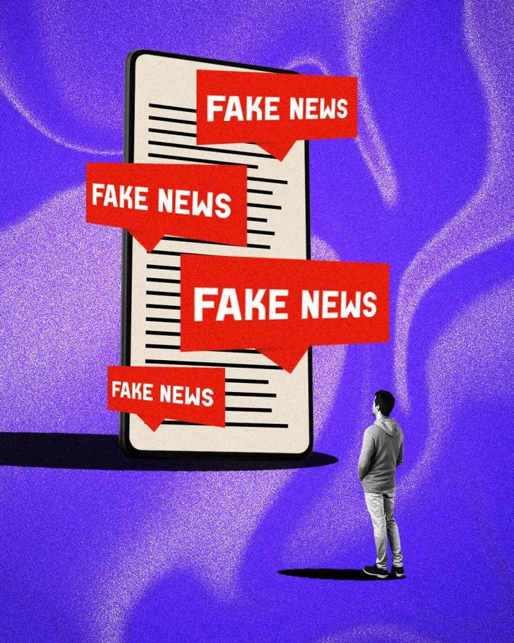 Smartphone géant submergé de bulles « Fake News »